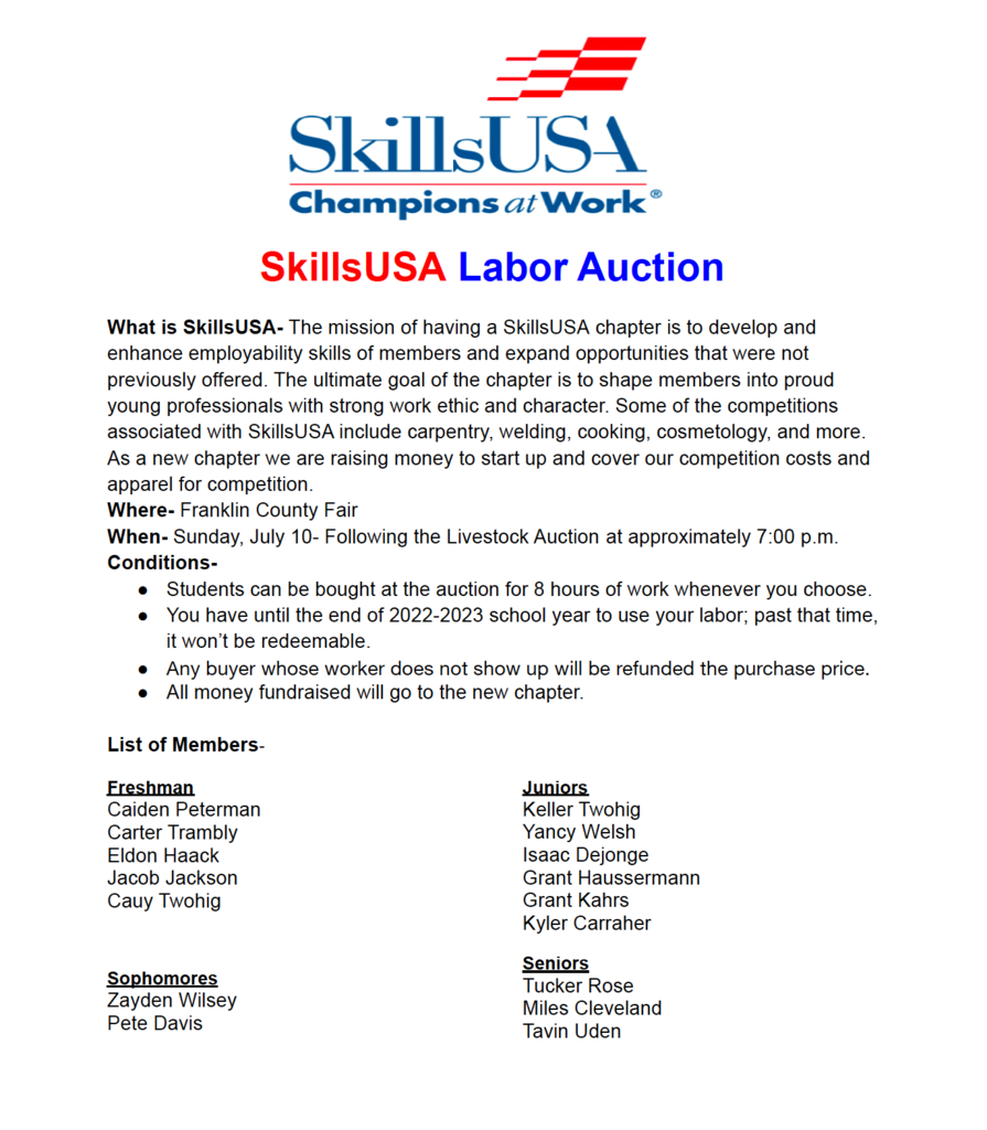 Skills USA Labor Auction Flyer