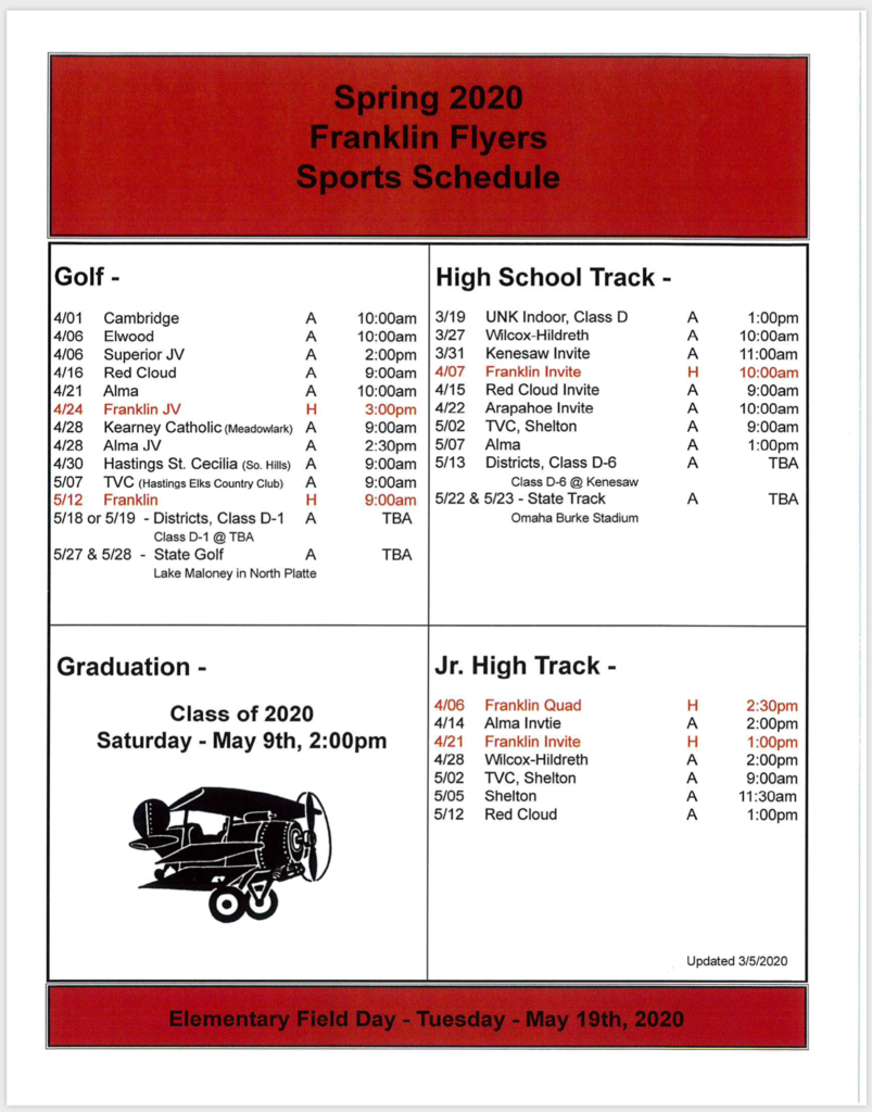 2020 Spring Sports Schedule